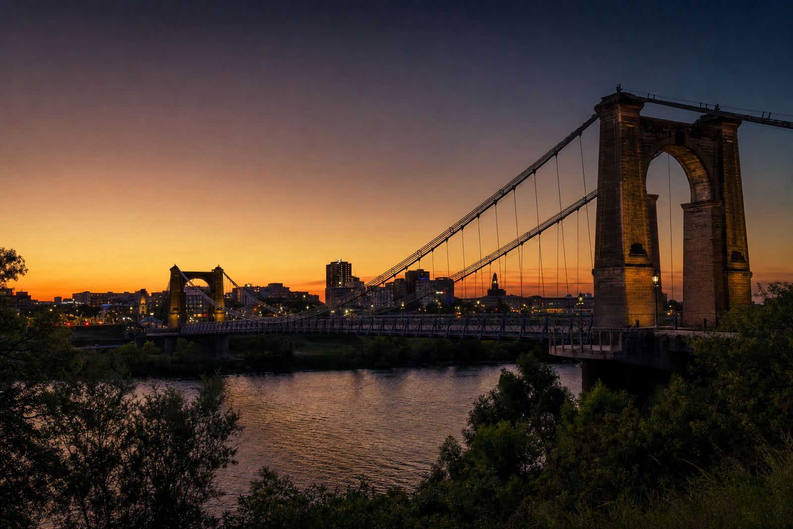 The Waco Suspension Bridge over the Brazos River at dusk with the downtown Waco skyline behind it