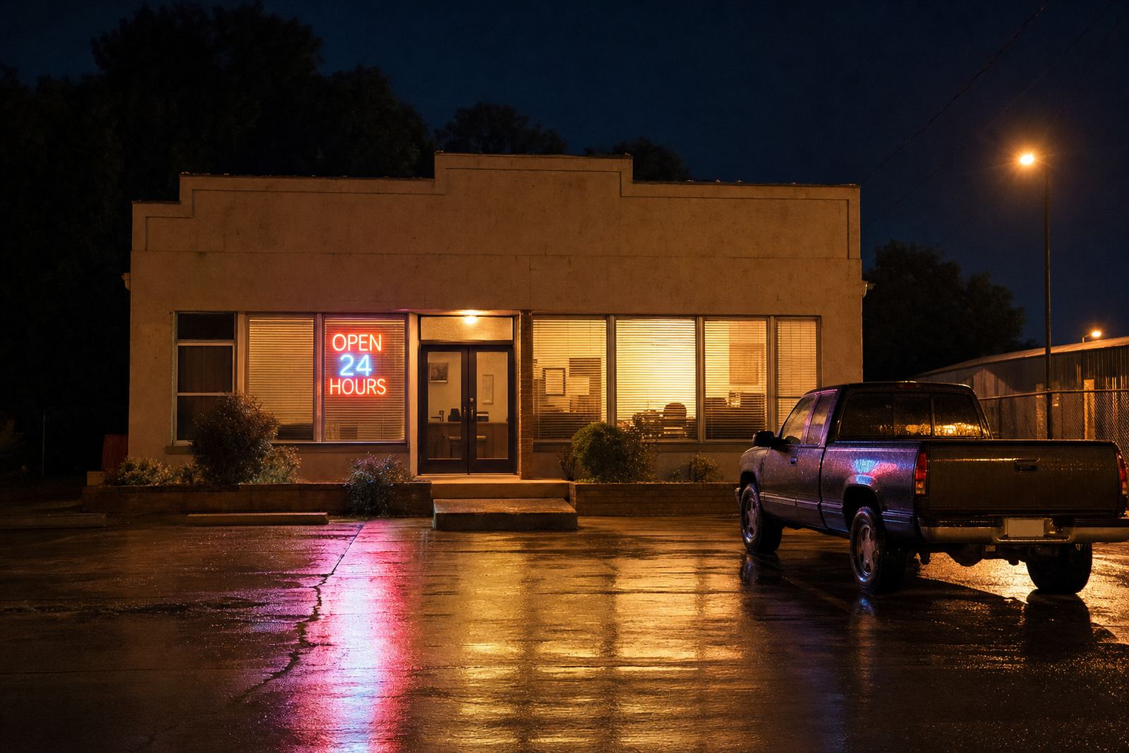 A small Texas bail bond office lit from inside at night with an open 24 hours sign in the window